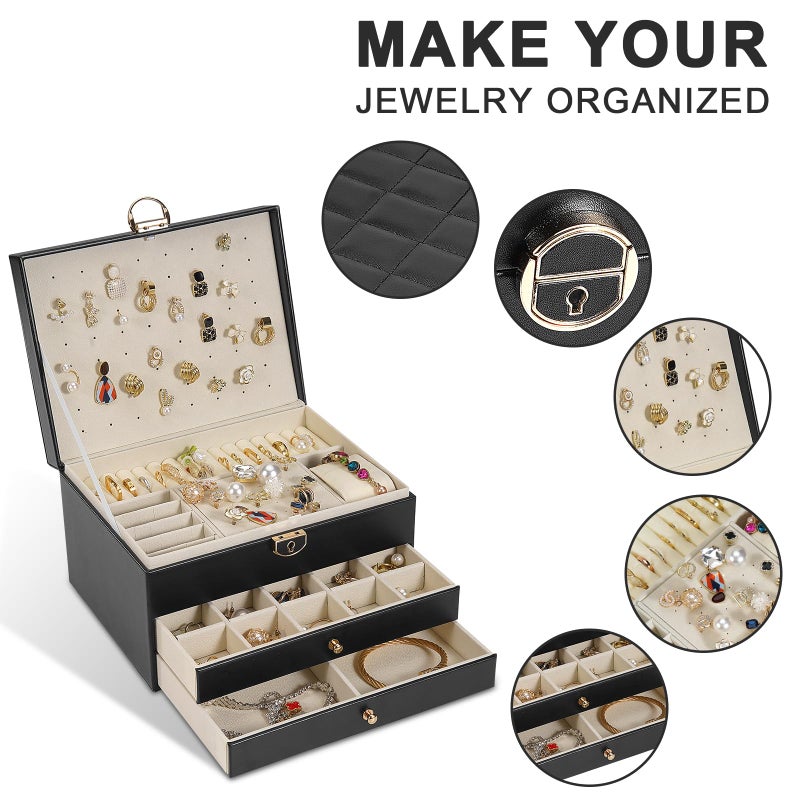 Unimoly 3-Layer Jewelry Box for Women, Jewelry Organizers and Storage with Removable Jewelry Tray, Vintage Quilted Top Lockable Jewelry Holder Gift Idea Black - Image 3