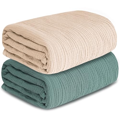 GUNTAIL Muslin Swaddle Blankets for Newborn 2 Pack Breathable Soft Receiving Blanket Large 41 x 41 inches Swaddle Wrap Burping Clothes Essentials Infant Shower Items Beige Green - Image 1