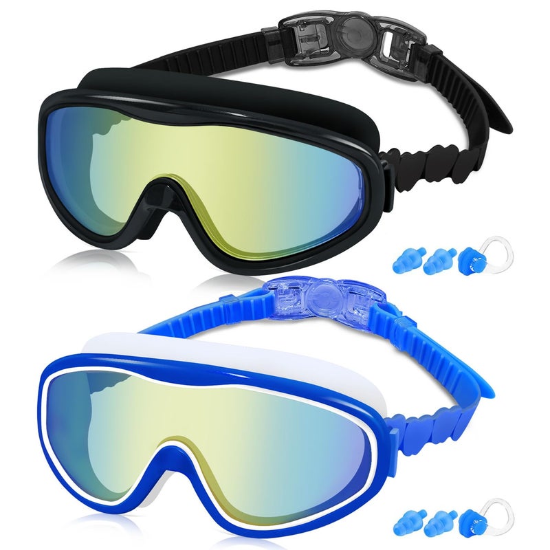 COOLOO Kids Swim Goggles for Age 3-15, 2 Pack Kids Goggles for Swimming with Nose Cover, No Leaking, Anti-Fog, Waterproof, Black+Blue - Image 1