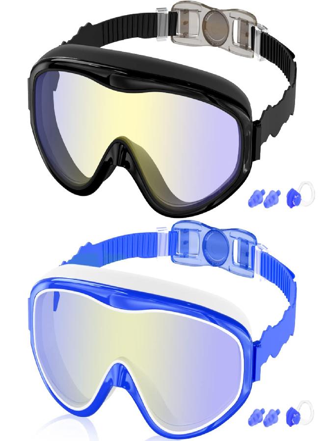 COOLOO COOLOO Kids Goggles for Swimming for Age 3-15, 2 Pack Kids Swim Goggles with nose cover, No Leaking, Anti-Fog, Waterproof, Black+Blue  - Image 1