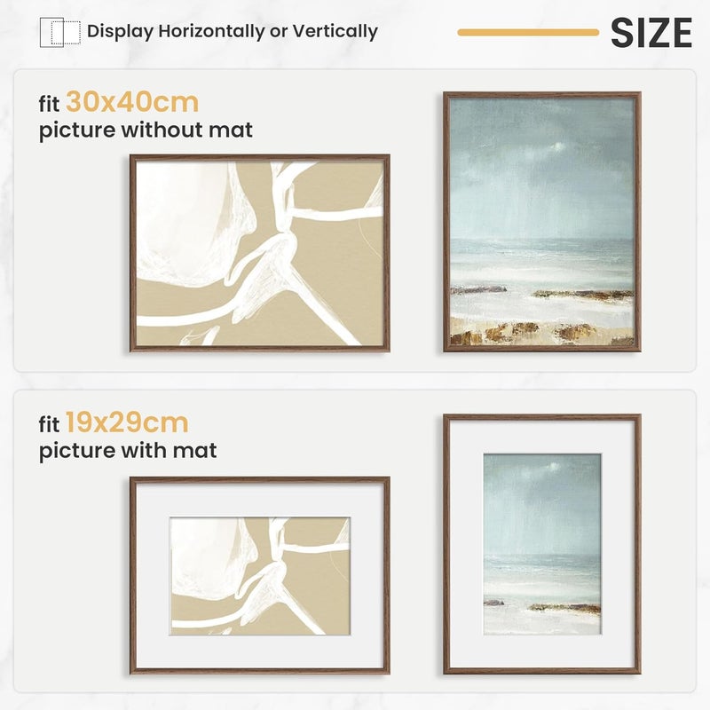 FLYJOE 30cmx40cm Picture Frame, Display Pictures 8x12 with Mat or 11.8x15.7 Without Mat, Wall and Tabletop Display Photo Frame, Walnut, 3 Pack - Image 2
