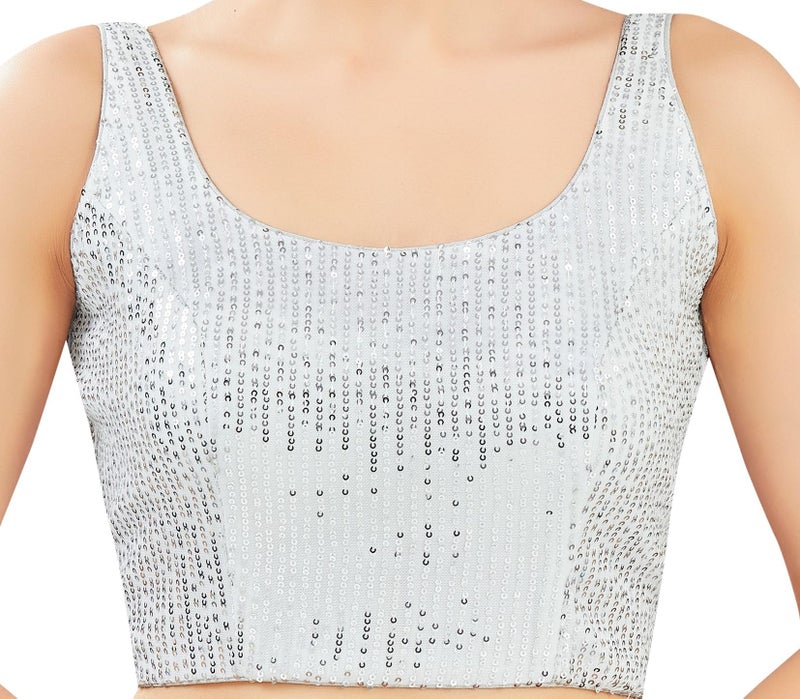 Studio Shringaar Women's Sleeveless Sequin Readymade Padded Saree Blouse (Sliver, 38) - Image 5