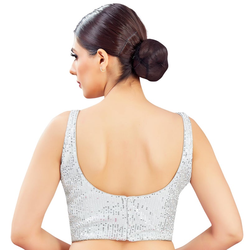 Studio Shringaar Women's Sleeveless Sequin Readymade Padded Saree Blouse (Sliver, 38) - Image 2
