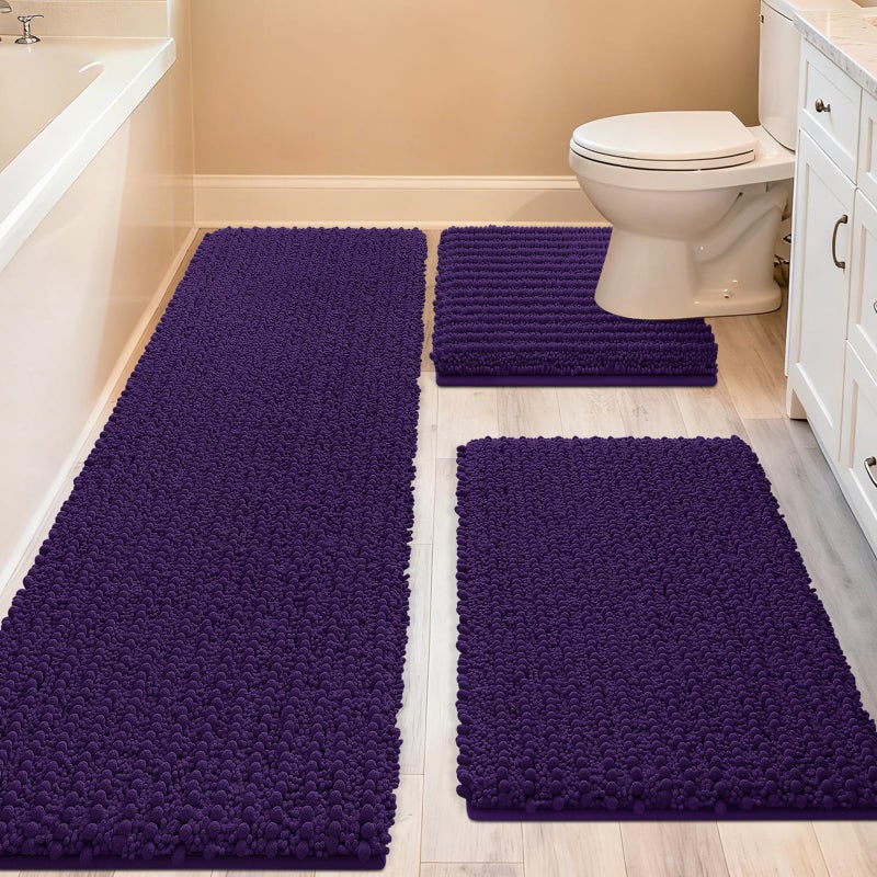 ACCUMTEK Upgrade Extra Large Dark Purple Bathroom Rug Set 3 Pieces Ultra Soft, Thick Absorbent Bath Mats, Non Slip Chenille Toilet Mat for Bathroom, Bedroom, Kitchen, Egglant - Image 1