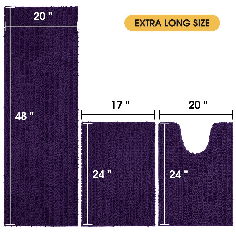 ACCUMTEK Upgrade Extra Large Dark Purple Bathroom Rug Set 3 Pieces Ultra Soft, Thick Absorbent Bath Mats, Non Slip Chenille Toilet Mat for Bathroom, Bedroom, Kitchen, Egglant - Image 5