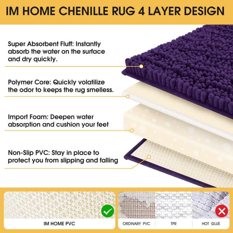 ACCUMTEK Upgrade Extra Large Dark Purple Bathroom Rug Set 3 Pieces Ultra Soft, Thick Absorbent Bath Mats, Non Slip Chenille Toilet Mat for Bathroom, Bedroom, Kitchen, Egglant - Image 4