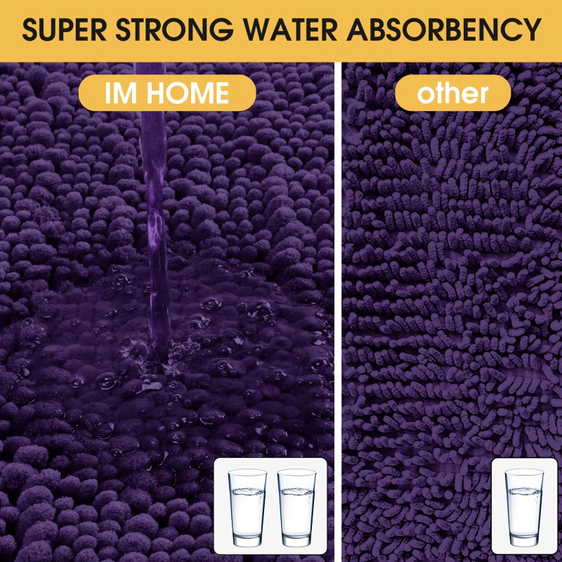 ACCUMTEK Upgrade Extra Large Dark Purple Bathroom Rug Set 3 Pieces Ultra Soft, Thick Absorbent Bath Mats, Non Slip Chenille Toilet Mat for Bathroom, Bedroom, Kitchen, Egglant - Image 3