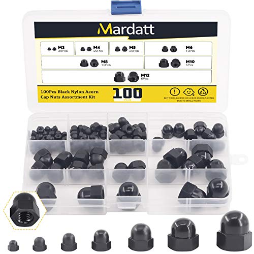 Mardatt 100Pcs 7 Sizes Hex Acorn Cap Nuts Assortment Kit M3 M4 M5 M6 M8 M10 M12 Nylon Female Thread Bolt Cover Cap Dome Nuts for Protection, Indoor and Outdoor - Image 1