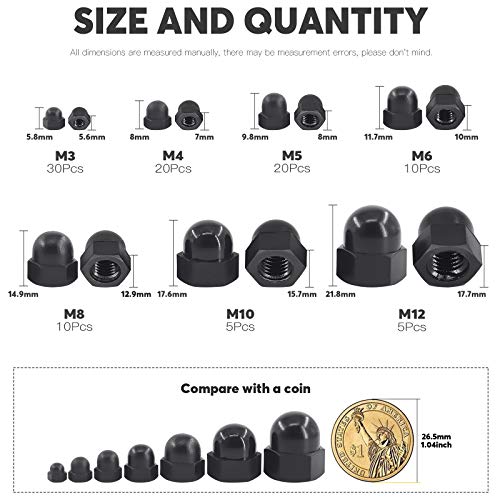 Mardatt 100Pcs 7 Sizes Hex Acorn Cap Nuts Assortment Kit M3 M4 M5 M6 M8 M10 M12 Nylon Female Thread Bolt Cover Cap Dome Nuts for Protection, Indoor and Outdoor - Image 2