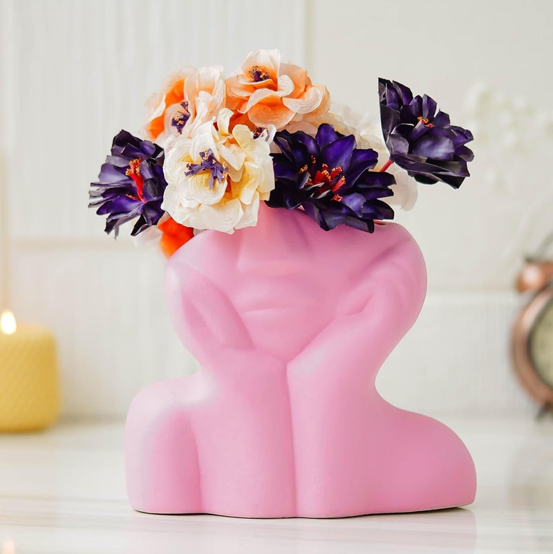 SOMUDEE Decorative Face Sculpture Vase Pink Ceramic Art Piece - Image 4