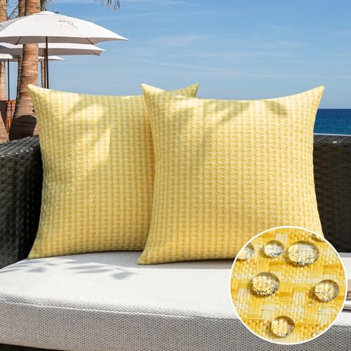 K KEVIN TEXTILE Kevin Textile Outdoor Waterproof Throw Pillow Covers Pack of 2 Weaving Texture Water Resistant Outside Decorative Cushion Covers for Garden Patio Tent Balcony Bench Couch Sofa 18x18 Inch Yellow - Image 1