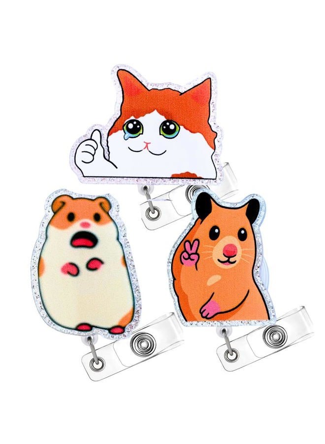 YJ PREMIUMS 3PC Meme Animals Badge Reels Cute Funny Meme Hamster Crying Cat Cartoon Retractable ID Clip Holder Nurse Accessories Decorative Office Supplies Gifts for RN Healthcare Workers Medical Assistant - Image 1
