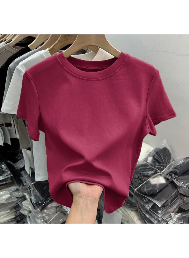 Shoulder Cotton T-shirt This Year's Popular Women's Wear With Summer New Solid Color Round Neck Short Sleeve Slim Top 