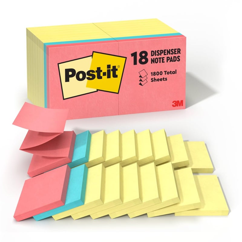 Post-it حامل ملاحظات بوست-إت، 3x3 بوصة، 18 دفتر، ألوان متنوعة، إزالة نظيفة، قابلة لإعادة التدوير - Image 1