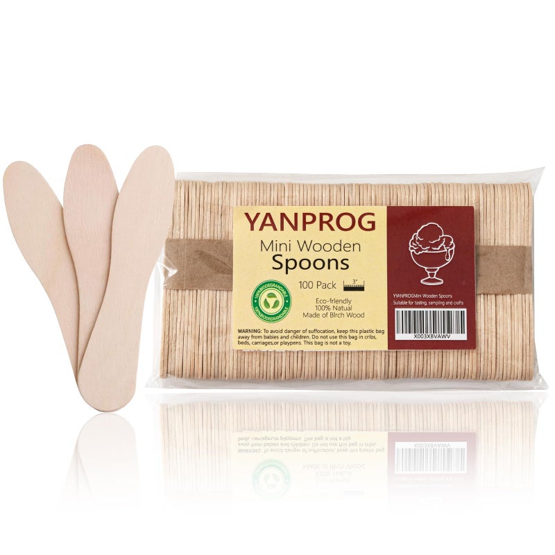 YANPROG Mini Wooden Spoons Small Tasting Spoons 3 Ice Cream Spoon 100Pcs Natural Birch Biodegradable Compostable Wooden Cutlery for Parties weddings