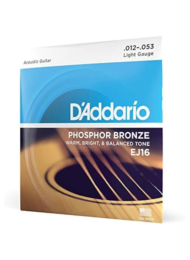 D'Addario Guitar Strings - Phosphor Bronze Acoustic Guitar Strings - EJ16 - Rich, Full Tonal Spectrum - For 6 String Guitars - 12-53 Light  - Image 1