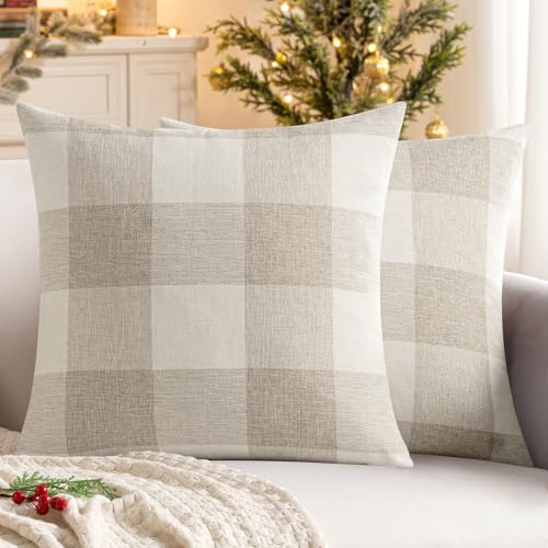 MIULEE Pack of 2 Farmhouse Buffalo Check Plaids Polyester Linen Soft Soild Decorative Square Throw Pillow Covers Outdoor Home Decor Cushion Case for Sofa Bedroom 18x18 Inch Cream White and White - Image 1