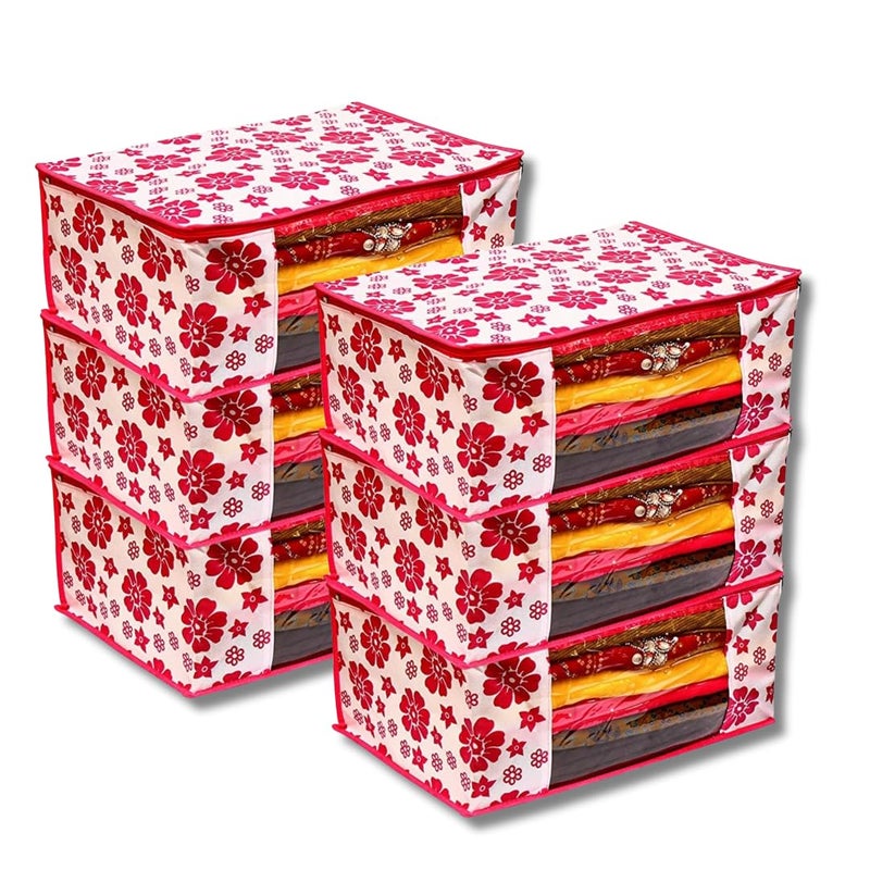BB BACKBENCHERS BB BACKBENCHERS Pack Of 6 Saree Cover Storage Bag Heavy Quality Saree Covers With Zipper Cloth Safety Bag for SareesLahangaClothsSuitsPants Shirt Cloth Organizer Red White  - Image 1