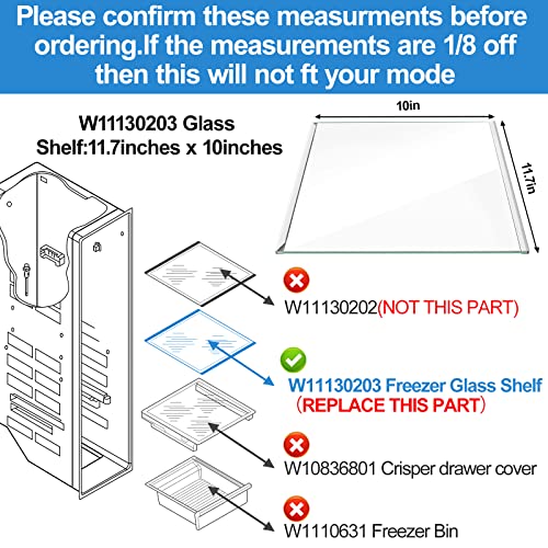 Alvar UPGRADED W11130203 Glass Shelf Compatible with Whirlpool Freezer Shelf Replacement Refrigerator Glass Door Shelves Parts W10527849 W10773887 PS12347522 WRS571CIHZ04 WRS571CIHZ01 Glass Freezer Shelf - Image 2