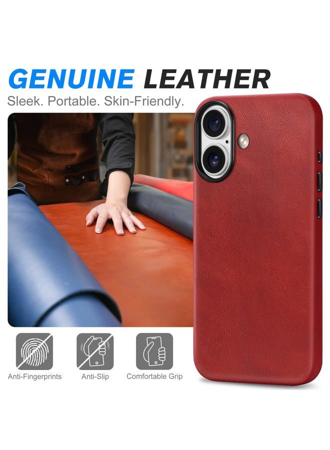 SHIELDON Genuine Leather Case for iPhone 17 6.3-inch 5G, Magnetic Wireless Charging, Metal Buttons, Anti-Slip, Anti-Scratch, Comfort Grip, Slim Fit Cover - Retro Red - Image 3