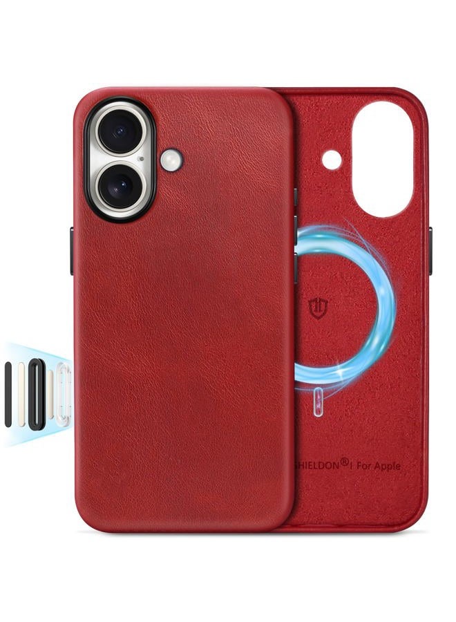 SHIELDON Genuine Leather Case for iPhone 17 6.3-inch 5G, Magnetic Wireless Charging, Metal Buttons, Anti-Slip, Anti-Scratch, Comfort Grip, Slim Fit Cover - Retro Red - Image 1