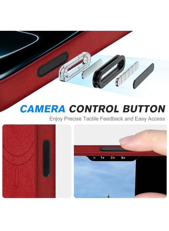 SHIELDON Genuine Leather Case for iPhone 17 6.3-inch 5G, Magnetic Wireless Charging, Metal Buttons, Anti-Slip, Anti-Scratch, Comfort Grip, Slim Fit Cover - Retro Red - Image 4