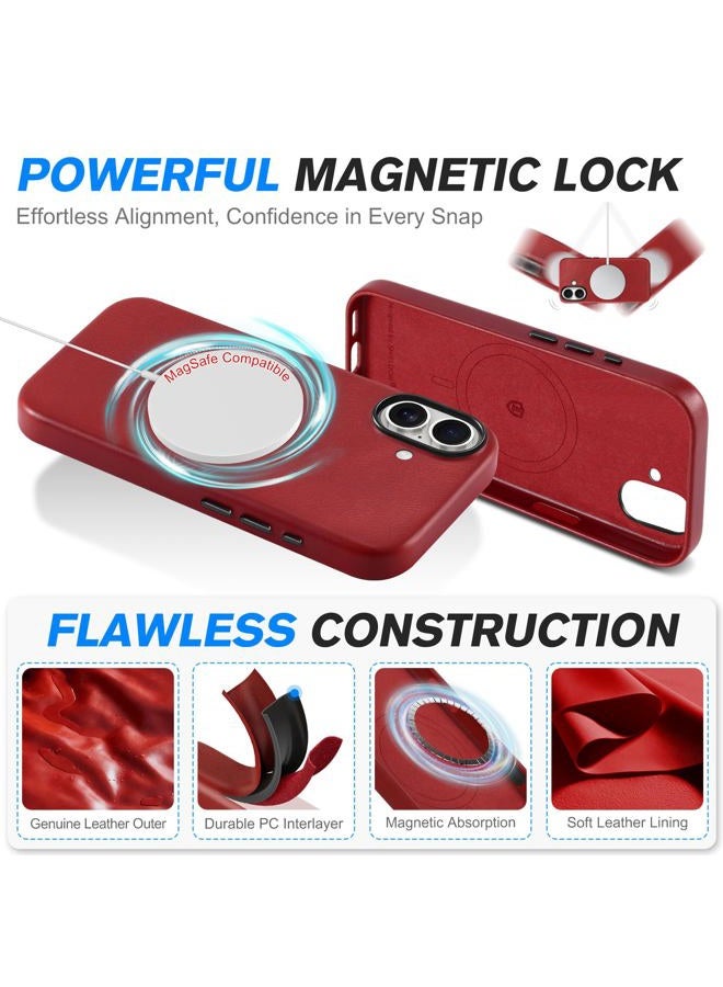 SHIELDON Genuine Leather Case for iPhone 17 6.3-inch 5G, Magnetic Wireless Charging, Metal Buttons, Anti-Slip, Anti-Scratch, Comfort Grip, Slim Fit Cover - Retro Red - Image 5