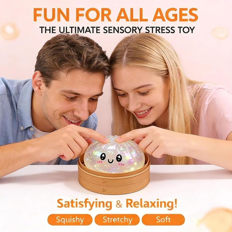Glitter Dumpling Squishy, Colorful Dumpling Squishes Stress Balls with Steamer, Easter Gifts, Soft Squeeze Decompression Dough for Adults (White with Glitter) - Image 2
