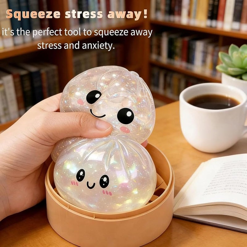 Glitter Dumpling Squishy, Colorful Dumpling Squishes Stress Balls with Steamer, Easter Gifts, Soft Squeeze Decompression Dough for Adults (White with Glitter) - Image 3