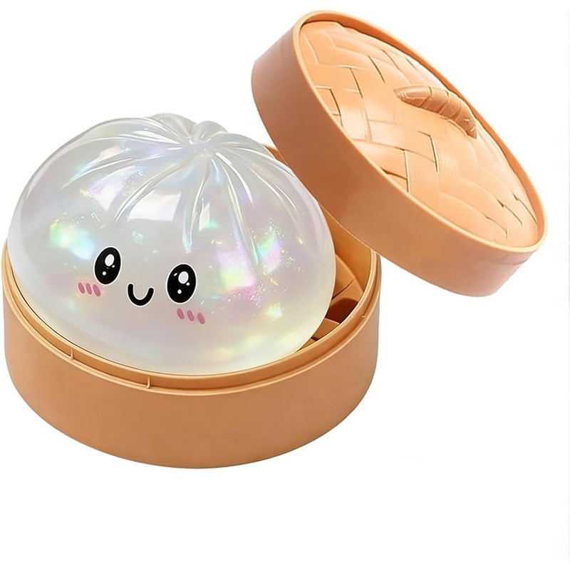Glitter Dumpling Squishy, Colorful Dumpling Squishes Stress Balls with Steamer, Easter Gifts, Soft Squeeze Decompression Dough for Adults (White with Glitter) - Image 1
