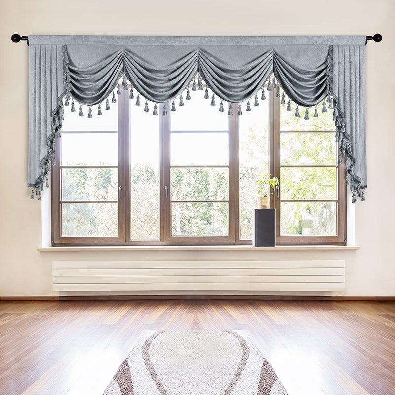 ELKCA ELKCA Thick Chenille Window Curtains Valance for Living Room Silver Grey Waterfall Valance for BedroomRod Pocket W110inch 1 Panel 