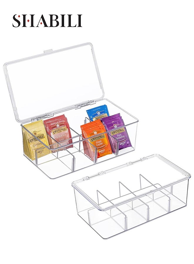 شبيلي منظّم أكياس الشاي، صندوق تخزين بلاستيكي بغطاء شفاف وفواصل قابلة للإزالة بثماني حجرات، حاويات مطبخ قابلة للتكديس لأسطح العمل والمخزن وغرفة المعيشة وغرفة النوم - Image 1