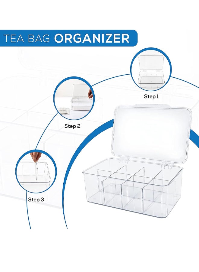 شبيلي منظّم أكياس الشاي، صندوق تخزين بلاستيكي بغطاء شفاف وفواصل قابلة للإزالة بثماني حجرات، حاويات مطبخ قابلة للتكديس لأسطح العمل والمخزن وغرفة المعيشة وغرفة النوم - Image 3