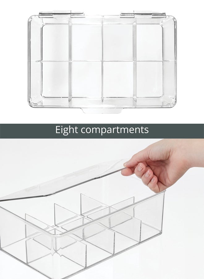 شبيلي منظّم أكياس الشاي، صندوق تخزين بلاستيكي بغطاء شفاف وفواصل قابلة للإزالة بثماني حجرات، حاويات مطبخ قابلة للتكديس لأسطح العمل والمخزن وغرفة المعيشة وغرفة النوم - Image 2