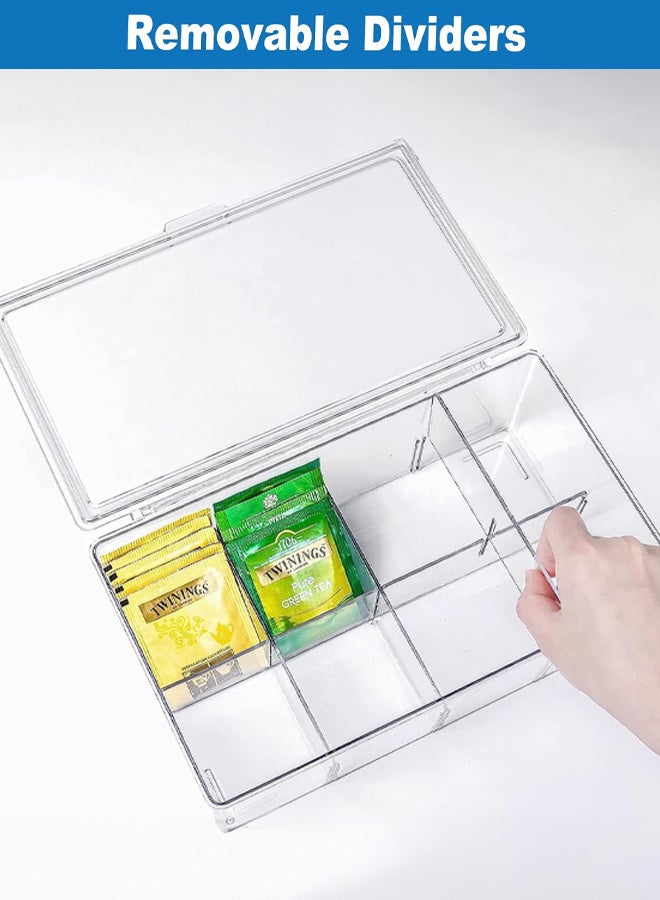 شبيلي منظّم أكياس الشاي، صندوق تخزين بلاستيكي بغطاء شفاف وفواصل قابلة للإزالة بثماني حجرات، حاويات مطبخ قابلة للتكديس لأسطح العمل والمخزن وغرفة المعيشة وغرفة النوم - Image 4