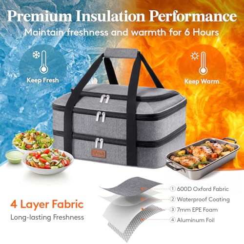 Lifewit Double Decker Casserole Carrier for Hot and Cold Food, Insulated Casserole Dish Carrier Carrying Case with Tool Room, Thermal Bag for Potluck Parties Cookouts Fits 9"×13" Baking Dish, Gray - Image 3