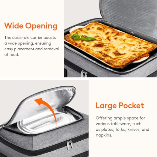 Lifewit Double Decker Casserole Carrier for Hot and Cold Food, Insulated Casserole Dish Carrier Carrying Case with Tool Room, Thermal Bag for Potluck Parties Cookouts Fits 9"×13" Baking Dish, Gray - Image 5