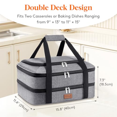 Lifewit Double Decker Casserole Carrier for Hot and Cold Food, Insulated Casserole Dish Carrier Carrying Case with Tool Room, Thermal Bag for Potluck Parties Cookouts Fits 9"×13" Baking Dish, Gray - Image 2