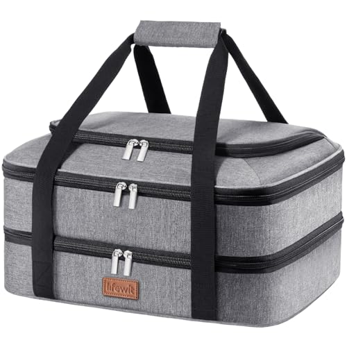 Lifewit Double Decker Casserole Carrier for Hot and Cold Food, Insulated Casserole Dish Carrier Carrying Case with Tool Room, Thermal Bag for Potluck Parties Cookouts Fits 9"×13" Baking Dish, Gray - Image 1
