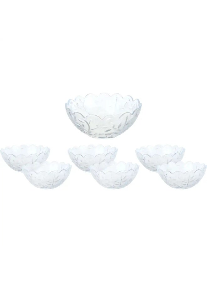 طقم أطباق زجاجي منقوش للفواكه مكون من 7قطع بمقاسات مختلفة، تصميم أنيق يناسب التقديم اليومي والضيافة، زجاج متين وسهل التنظيف يضيف لمسة جمالية للمائدة - Image 2