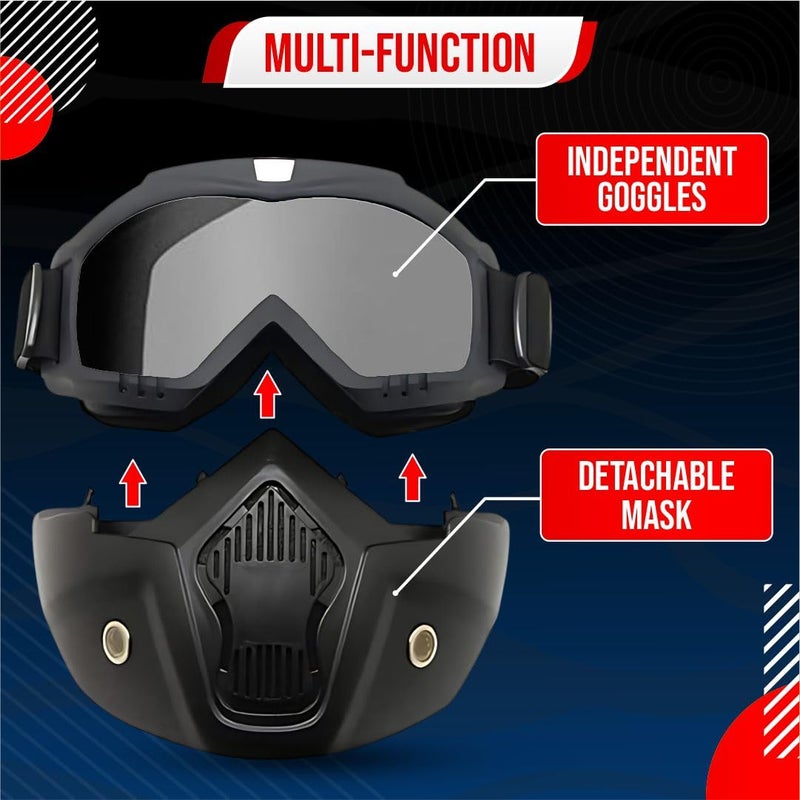 Btag Anti Scratch UV Protective Motorcycle Face Mask with Detachable Goggles | Anti-Fog UV Protection Riding Mask with Removable Breathable Filter | Full Face Windproof Shield for Biking.(Black) - Image 3