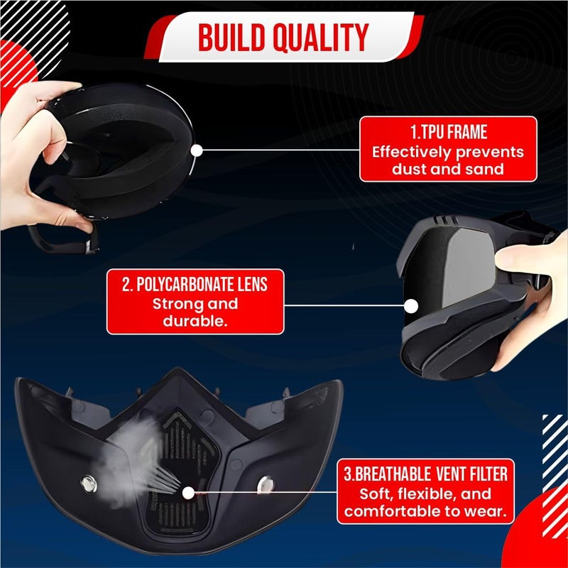 Btag Anti Scratch UV Protective Motorcycle Face Mask with Detachable Goggles | Anti-Fog UV Protection Riding Mask with Removable Breathable Filter | Full Face Windproof Shield for Biking.(Black) - Image 5