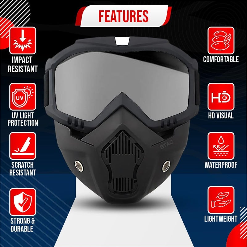 Btag Anti Scratch UV Protective Motorcycle Face Mask with Detachable Goggles | Anti-Fog UV Protection Riding Mask with Removable Breathable Filter | Full Face Windproof Shield for Biking.(Black) - Image 2
