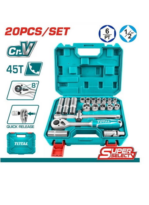 TOTAL 20-Piece 1/2" Drive Socket Set with Ratchet, Extension Bar, and Spark Plug Socket – High-Quality Cr-V Steel, Heat Treated, Ideal for Automotive and DIY Projects