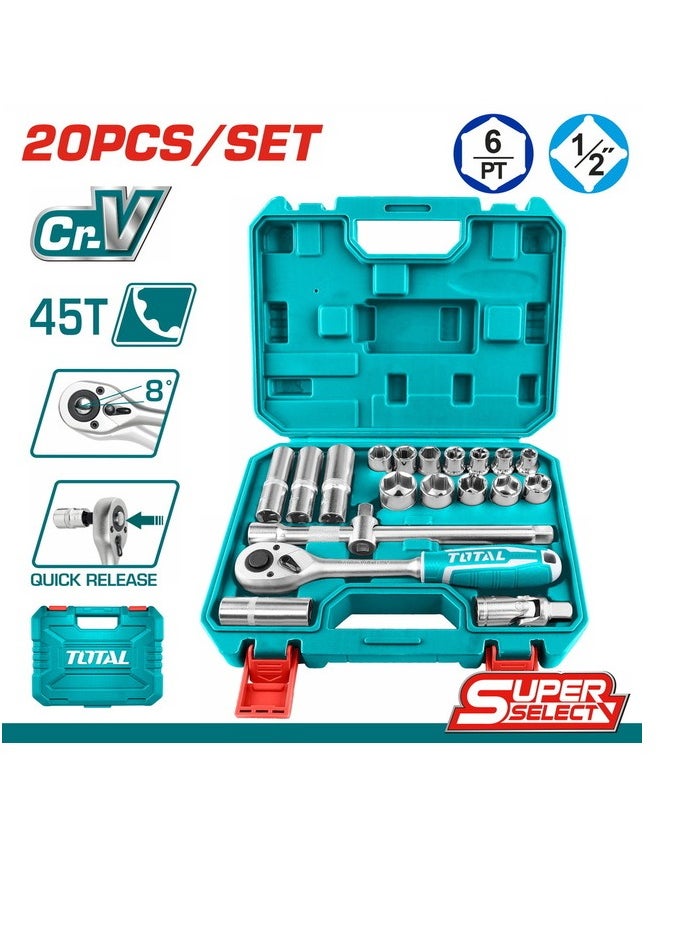 TOTAL TOTAL 20-Piece 1/2" Drive Socket Set with Ratchet, Extension Bar, and Spark Plug Socket – High-Quality Cr-V Steel, Heat Treated, Ideal for Automotive and DIY Projects  - Image 1