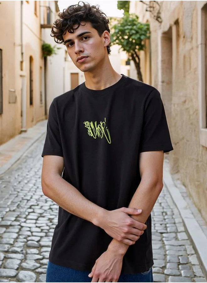 FAV Graffiti Print T-shirt with Crew Neck and Short Sleeves
