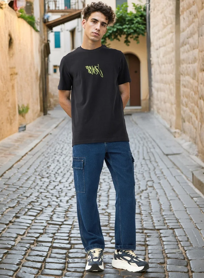 Splash FAV Graffiti Print T-shirt with Crew Neck and Short Sleeves