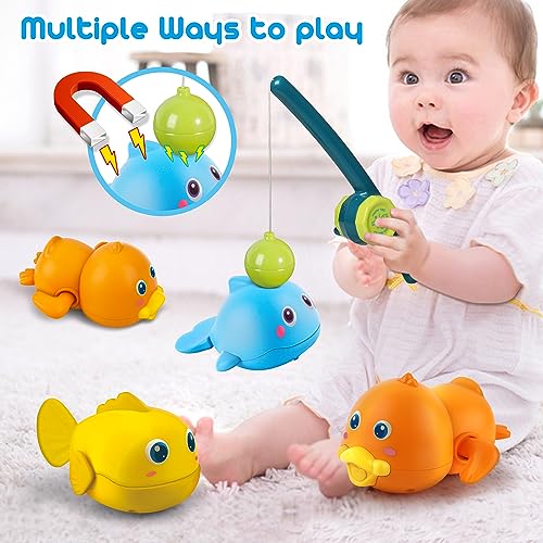 Dwi Dowellin Bath Toys for Toddlers, Magnetic Fishing Games Kids Bathtub Toys, Mold Free Wind-up Toys Swimming Fish Duck Whale Floating Water Toys for Kids Baby Infant - Image 2