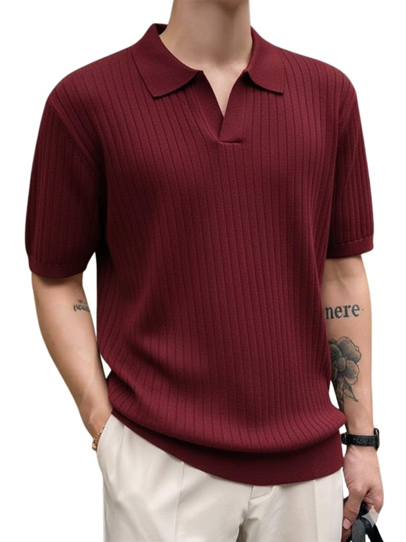Veirdo® Men’s Casual Ribbed Polo Collar Knit T-Shirt | Slim Fit Short Sleeve Polo for Men | Flat Knit Textured T-Shirt Perfect for Office, Party, Travel (Polo_FK6_WN_L) Wine - Image 1