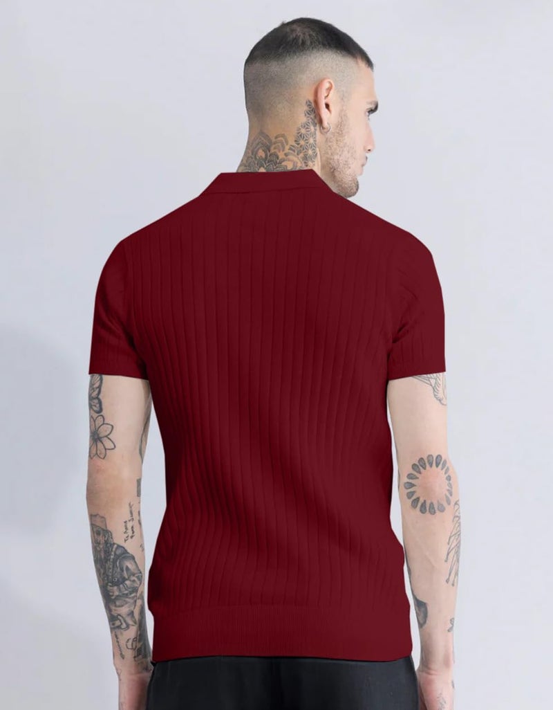 Veirdo® Men’s Casual Ribbed Polo Collar Knit T-Shirt | Slim Fit Short Sleeve Polo for Men | Flat Knit Textured T-Shirt Perfect for Office, Party, Travel (Polo_FK6_WN_L) Wine - Image 4